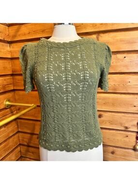 Anthropologie Olive Green Crochet Knit Sweater Top Size S